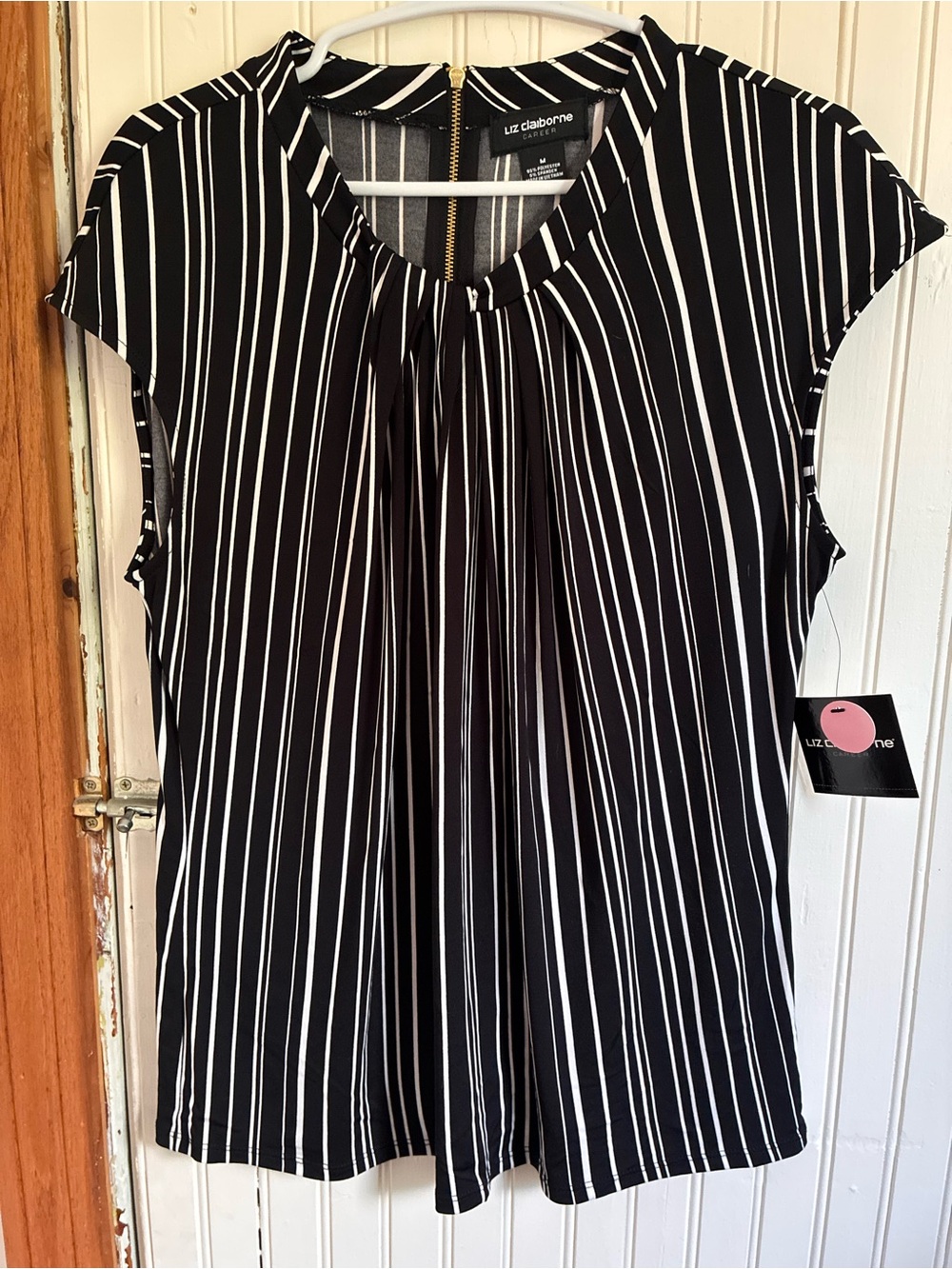 Liz Claiborne Black and White Vertical-Stripe Cap Sleeve Blouse